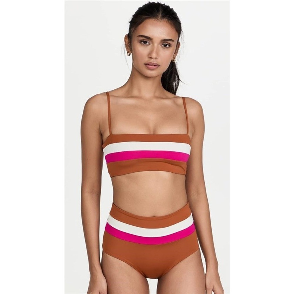 NWT L*Space XS Rebel Stripe Color Block Bikini Swim Top Brown Pink 119756